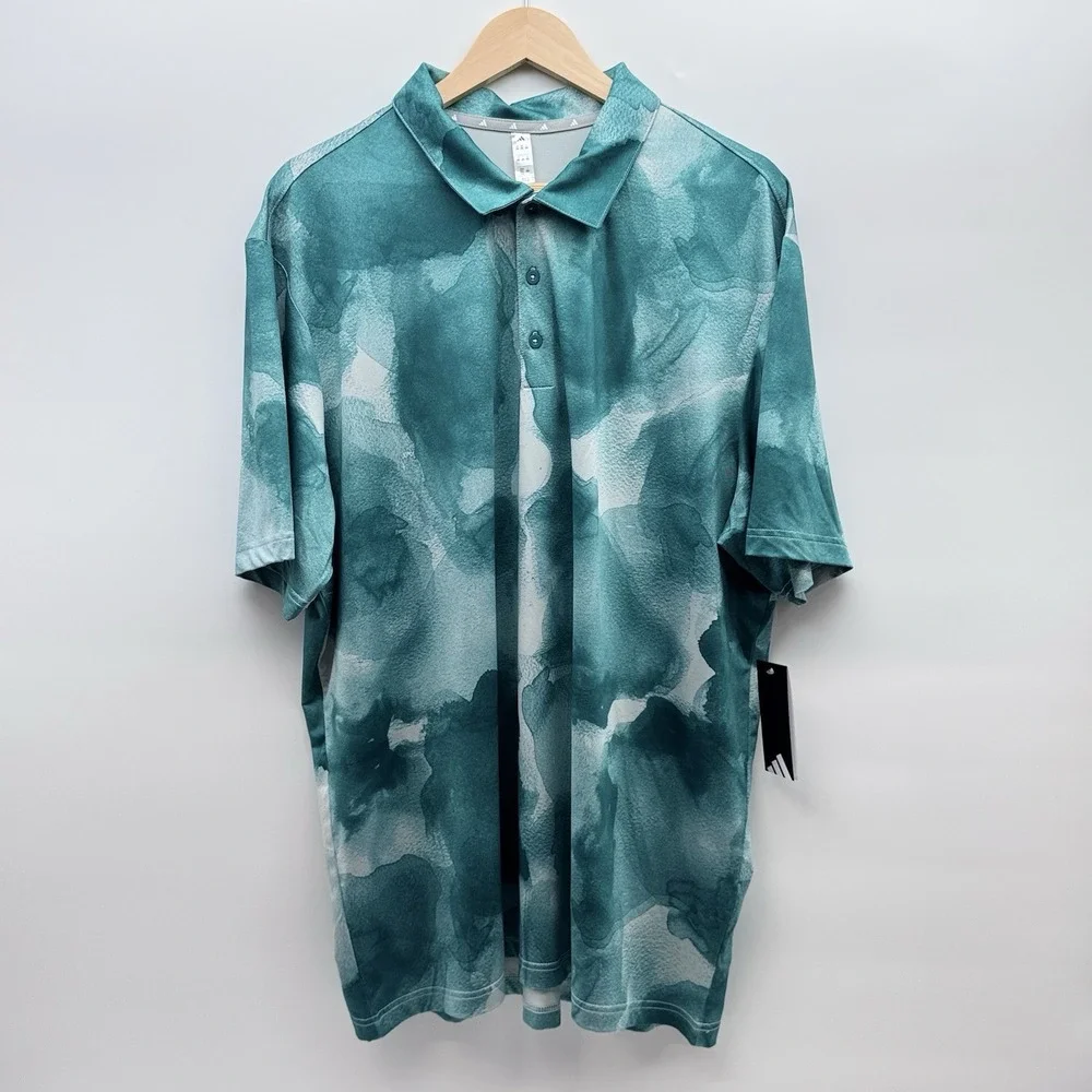 2XL Adidas Men's Ultimate Polo Cloud Print Golf Shirt,Green/Wndr Silver,Size 2XL